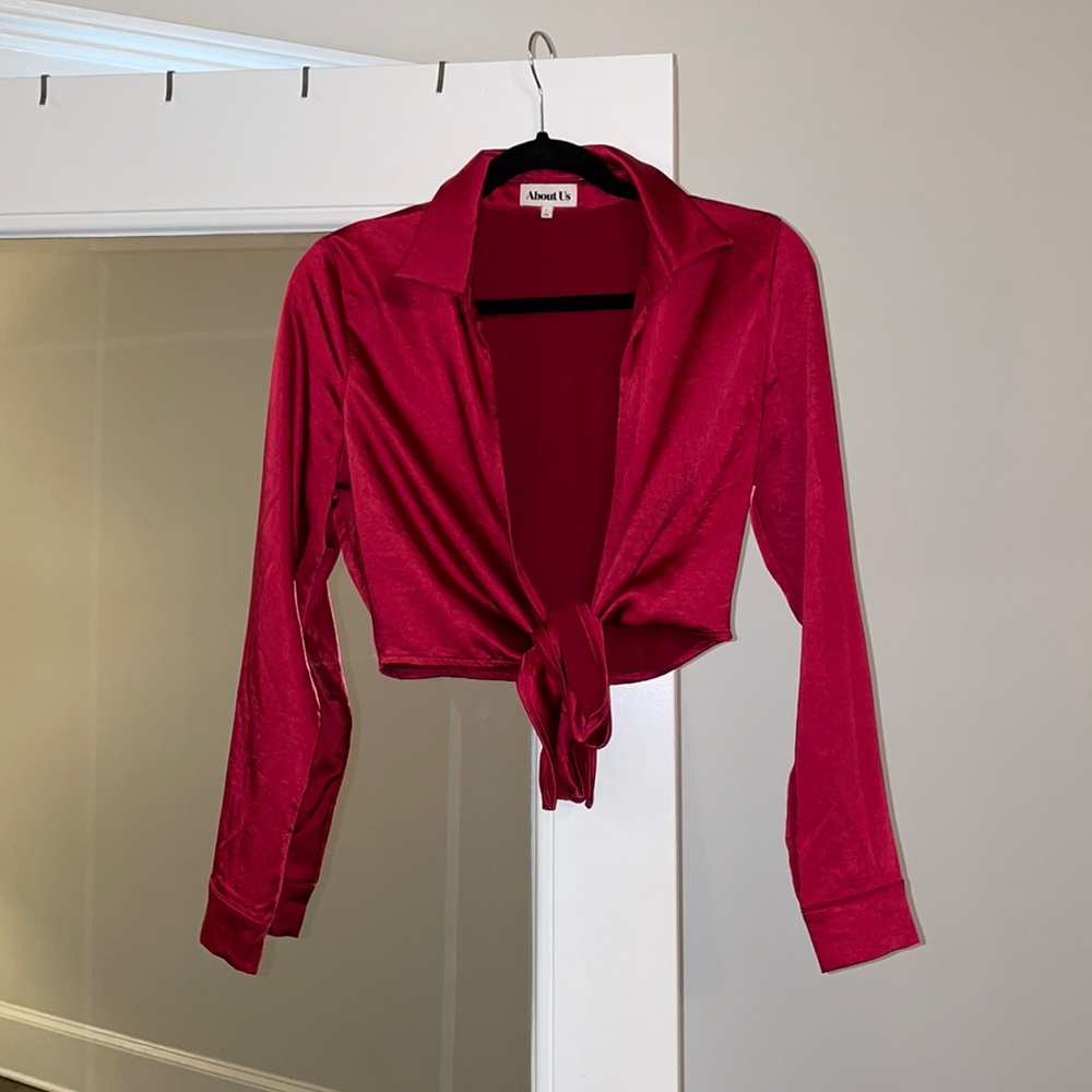 About Us red silk crop shirt